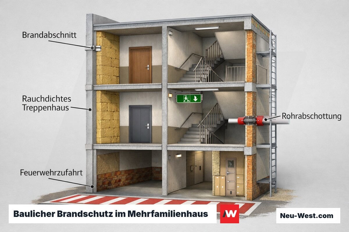 Querschnitt eines Bestandsgebäudes mit Brandwänden, Brandabschnitten, rauchdichtem Treppenhaus und Rohrabschottungen im Sanierungsstand