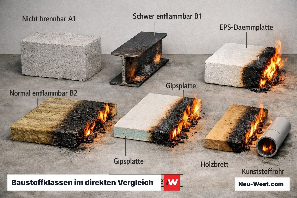 Baustoffproben verschiedener Brandschutzklassen von DIN 4102 auf Werkbank, von nicht brennbar bis normal entflammbar nebeneinander