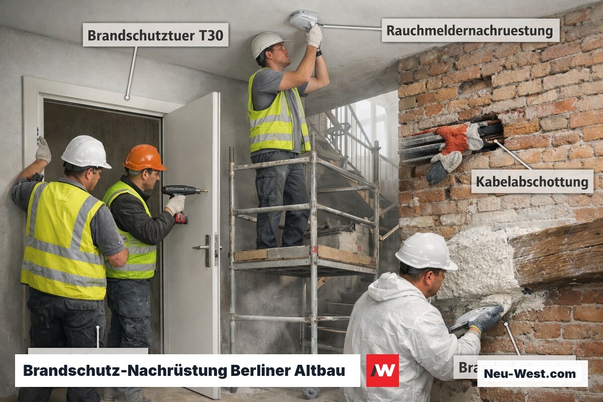 Handwerker bei der Brandschutzsanierung eines Altbaus: Einbau von T30-Brandschutztüren, Rauchmeldermontage und Leitungsabschottung