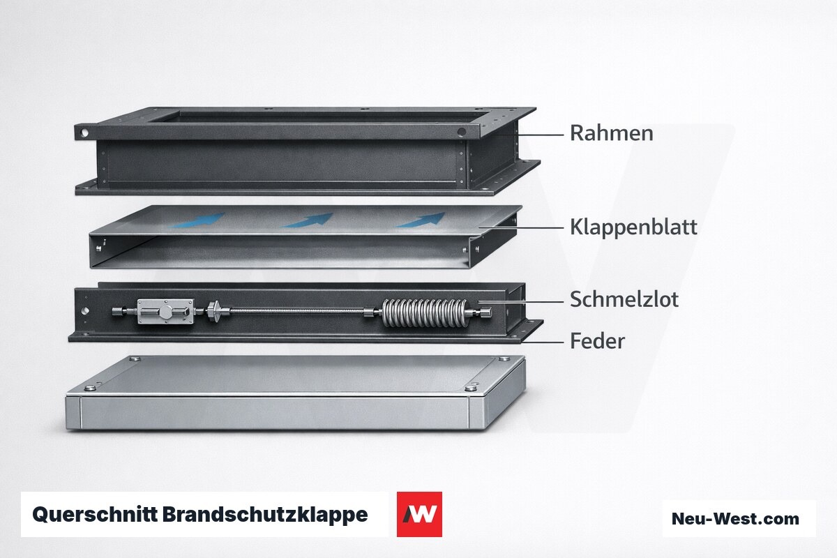 Querschnitt Brandschutzklappe: Funktion der Bauteile im Brandfall – Erklär-Grafik (NEUWEST Berlin)