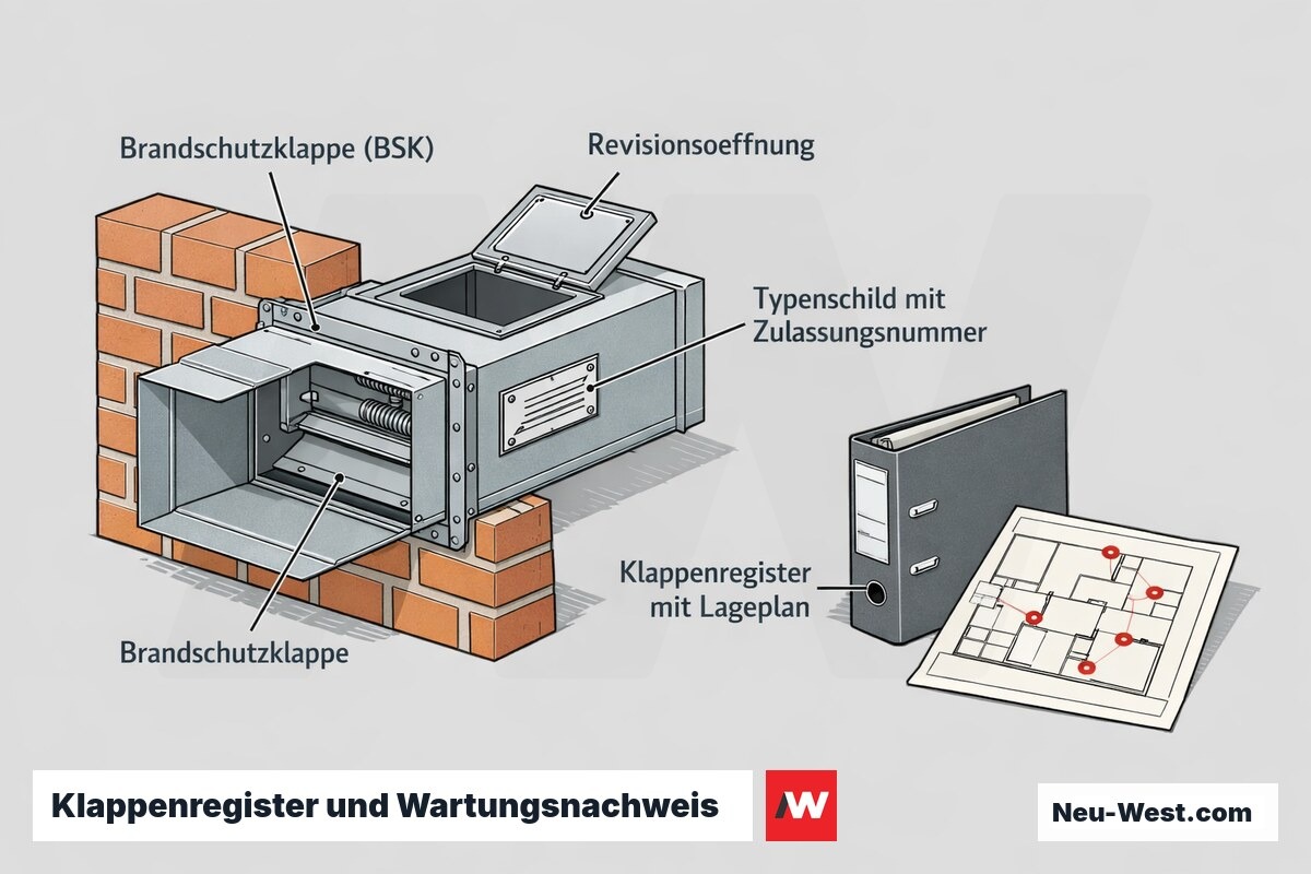 Cutaway einer Brandschutzklappe im Wanddurchbruch mit Typenschild, Revisionsöffnung und Klappenregister als Wartungsnachweis nach VDMA 24168.