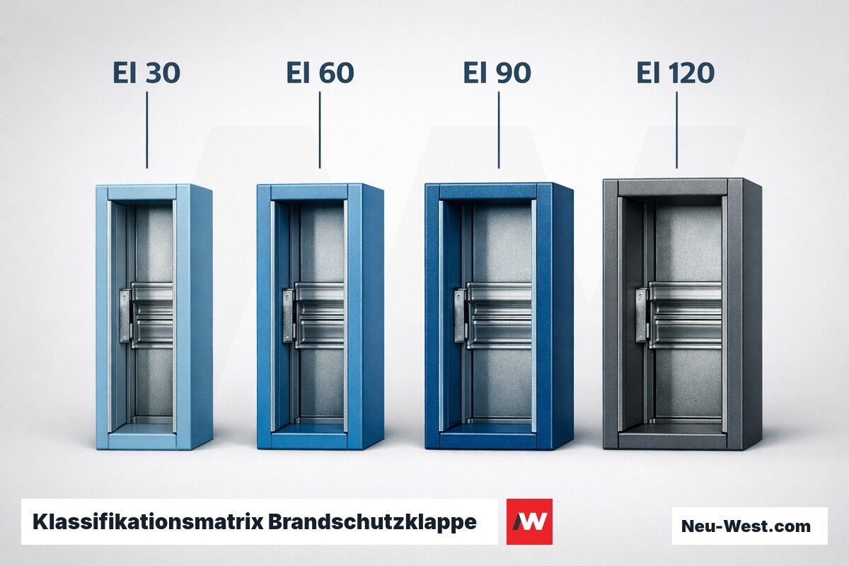 Klassifikationsmatrix Brandschutzklappe: EI 30 bis EI 120 nach EN 15650 – Erklär-Grafik (NEUWEST Berlin)