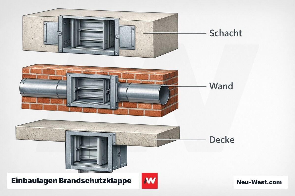 Einbaulagen Brandschutzklappe: Schacht, Wand und Decke im Vergleich – Erklär-Grafik (NEUWEST Berlin)