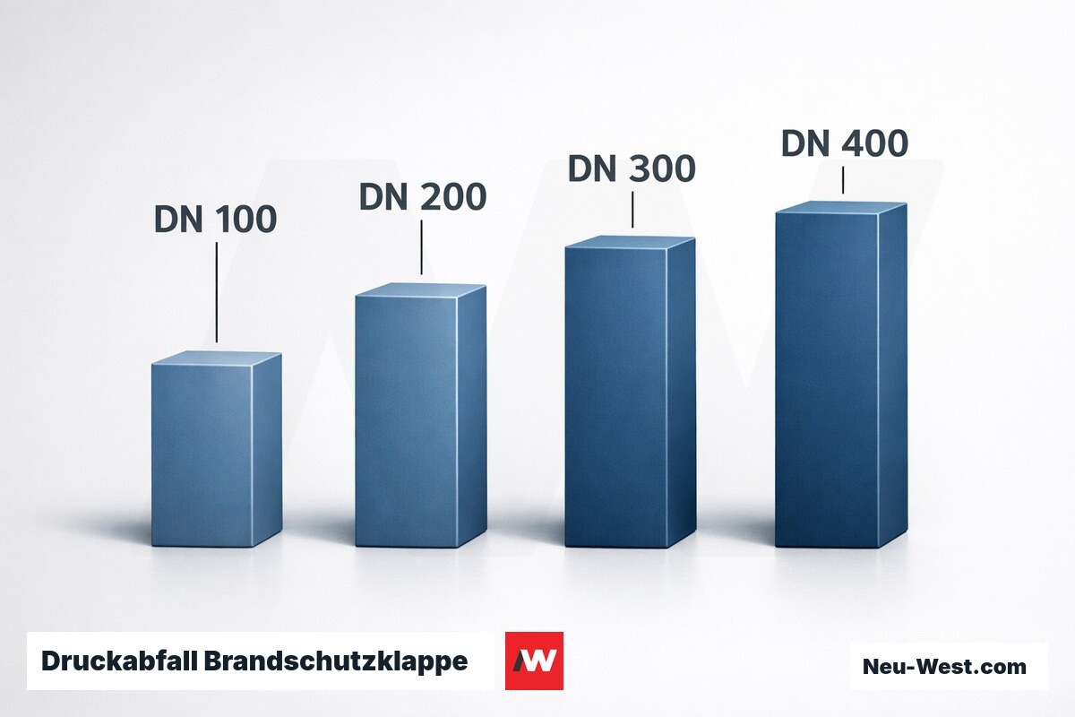 Druckabfall Brandschutzklappe: ζ-Wert und Δp nach Nennweite DN 100–400 – Erklär-Grafik (NEUWEST Berlin)