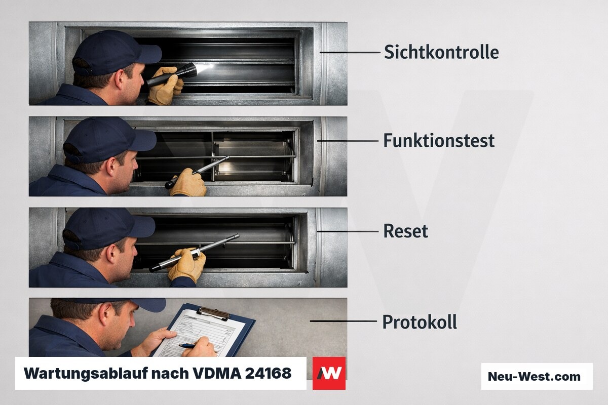 Wartungsablauf nach VDMA 24168: Prüfschritte und Dokumentationspflicht – Erklär-Grafik (NEUWEST Berlin)