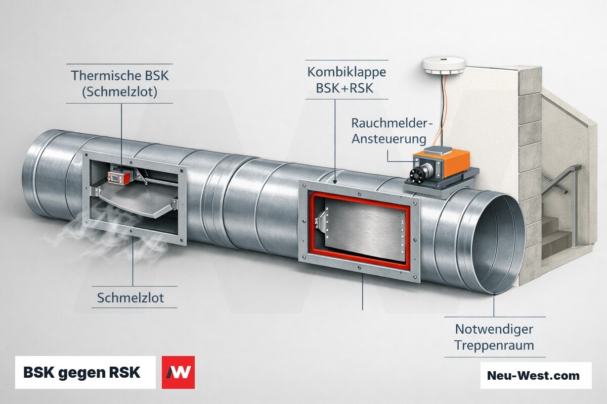 Erklaer-Grafik: thermische Brandschutzklappe laesst Rauch durch, klassifizierte Kombiklappe BSK+RSK schliesst rauchdicht per Rauchmelder im Treppenraum.