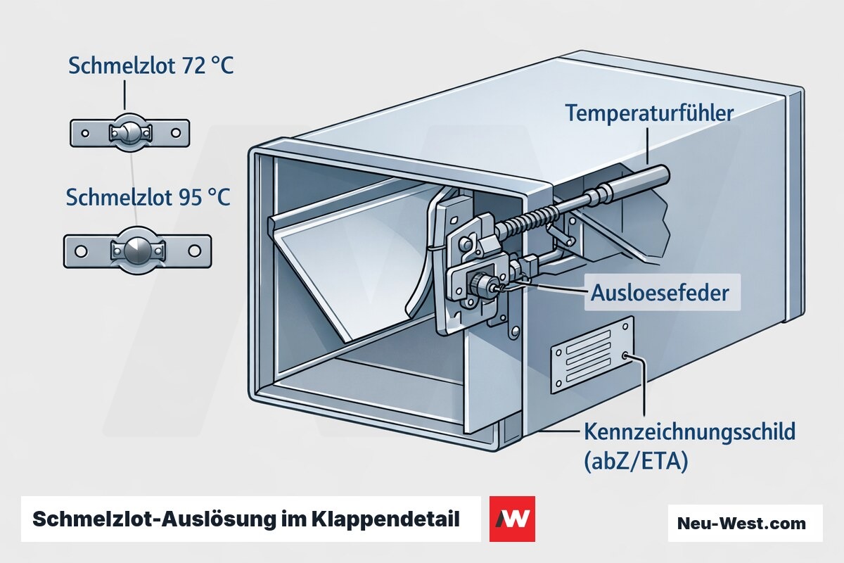 Cutaway-Detail einer Brandschutzklappe mit Auslösefeder und zwei Schmelzloten für 72 °C und 95 °C sowie Kennzeichnungsschild.