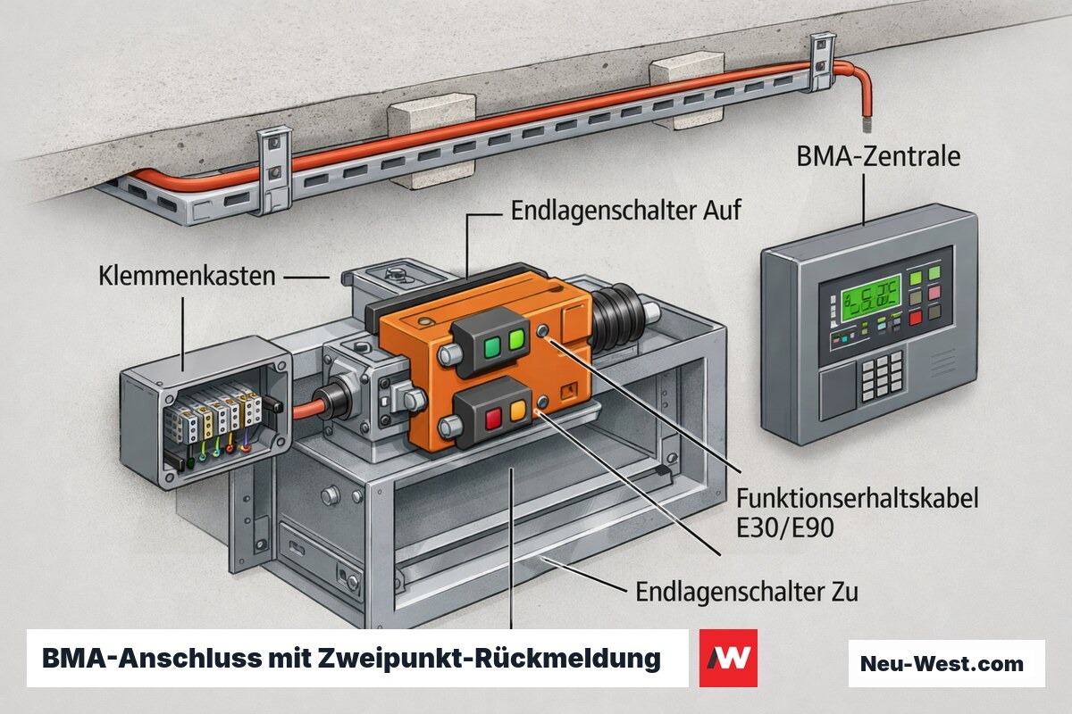Detailgrafik: elektrischer Klappenantrieb mit zwei Endlagenschaltern und Funktionserhaltskabel E30/E90 zur BMA-Zentrale.