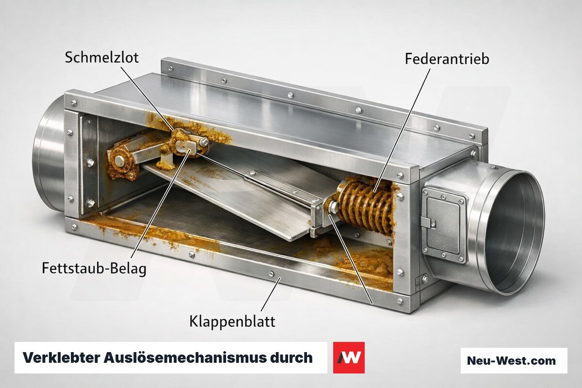 Cutaway einer Brandschutzklappe in Küchenlüftung: Fettstaub verklebt Schmelzlot und Federantrieb und blockiert das Klappenblatt.