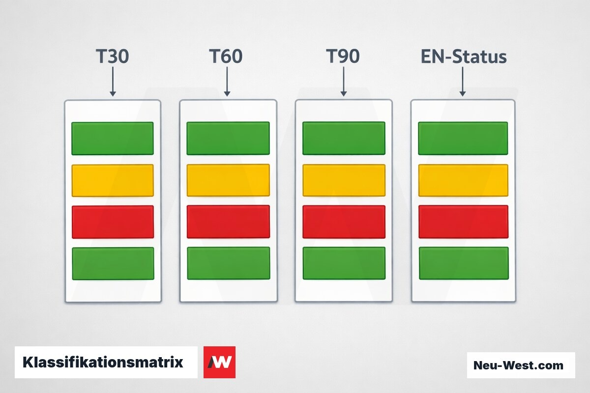 Klassifikationsmatrix: T30/T60/T90 vs. EI2 30/60/90 – Erklär-Grafik (NEUWEST Berlin)