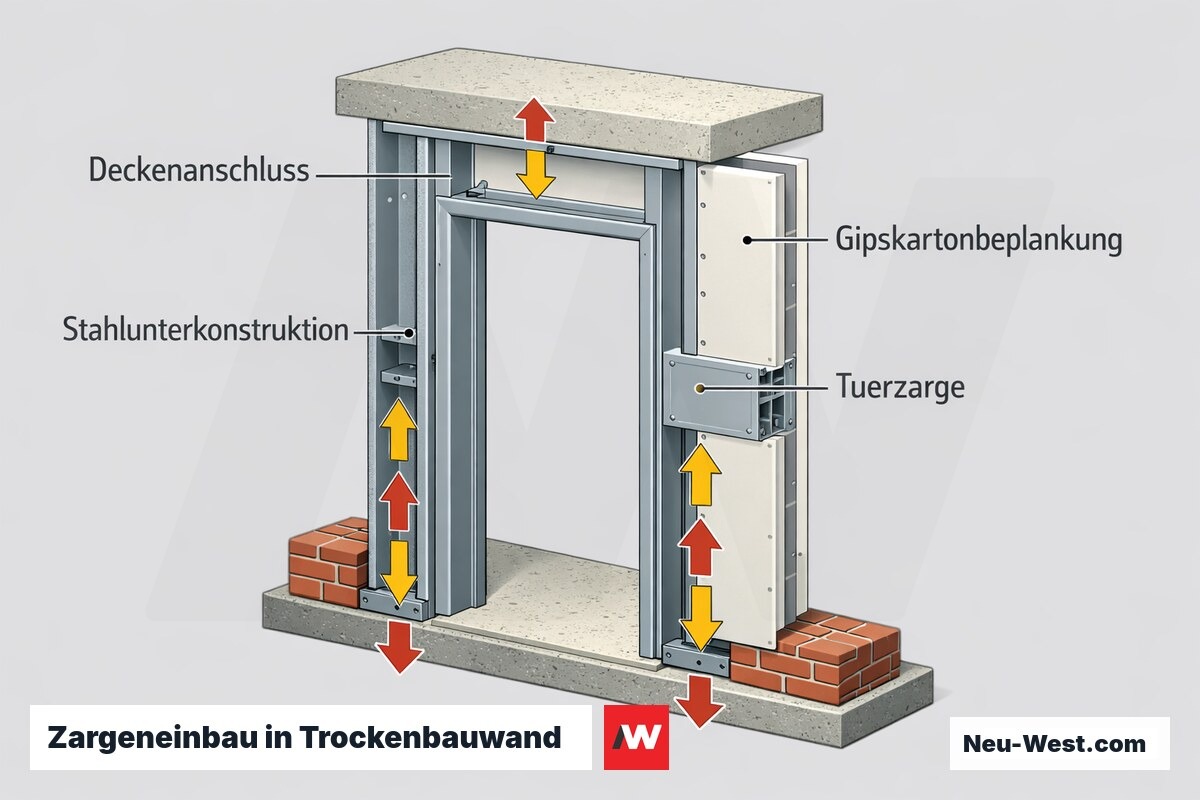 Querschnitt einer Trockenbauwand mit Stahlunterkonstruktion, die die Zargenlasten in Decke und Rohbaumauerwerk ableitet.