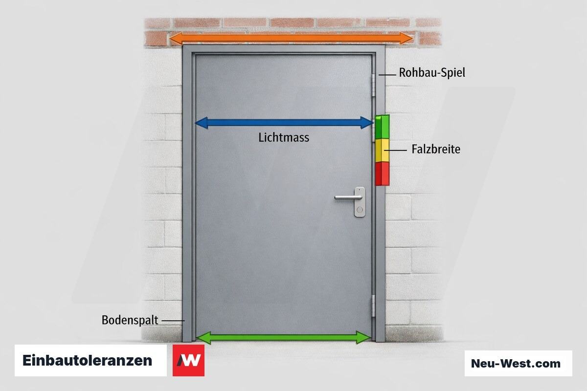Einbautoleranzen: Bodenspalt, Falzbreite, Lichtmaß, Rohbau-Spiel – Erklär-Grafik (NEUWEST Berlin)