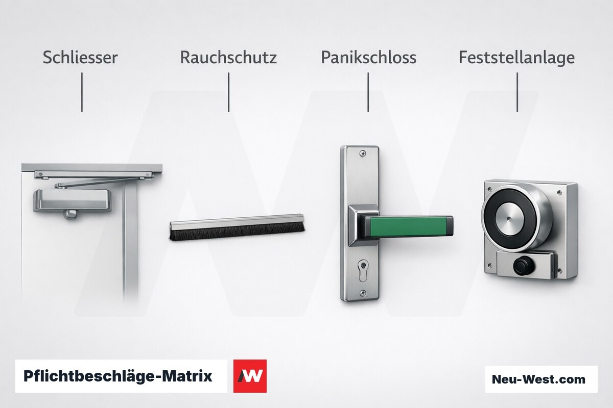 Pflichtbeschläge-Matrix: Komponenten nach Türklasse und Nutzung – Erklär-Grafik (NEUWEST Berlin)