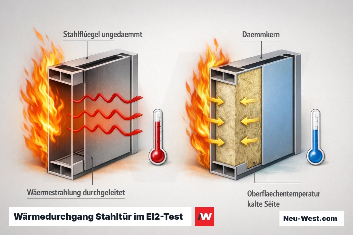 Querschnitt-Vergleich zweier Stahl-Feuerschutztüren: ungedämmter Flügel leitet Wärmestrahlung durch, gedämmter Kern hält die kalte Seite kühl im EI2-Test.