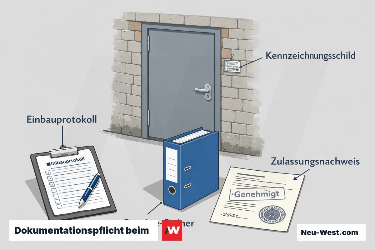 Erklaer-Grafik: eingebaute Brandschutztuer mit Kennzeichnungsschild, Einbauprotokoll, Bauakte-Ordner und Zulassungsnachweis als Dokumentationspflicht des Einbauenden.