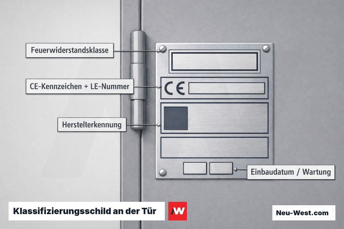Detail-Illustration eines Klassifizierungsschilds an einer Brandschutztür mit Feuerwiderstandsklasse, CE-Kennzeichen, Herstellerkennung und Einbaudatum.