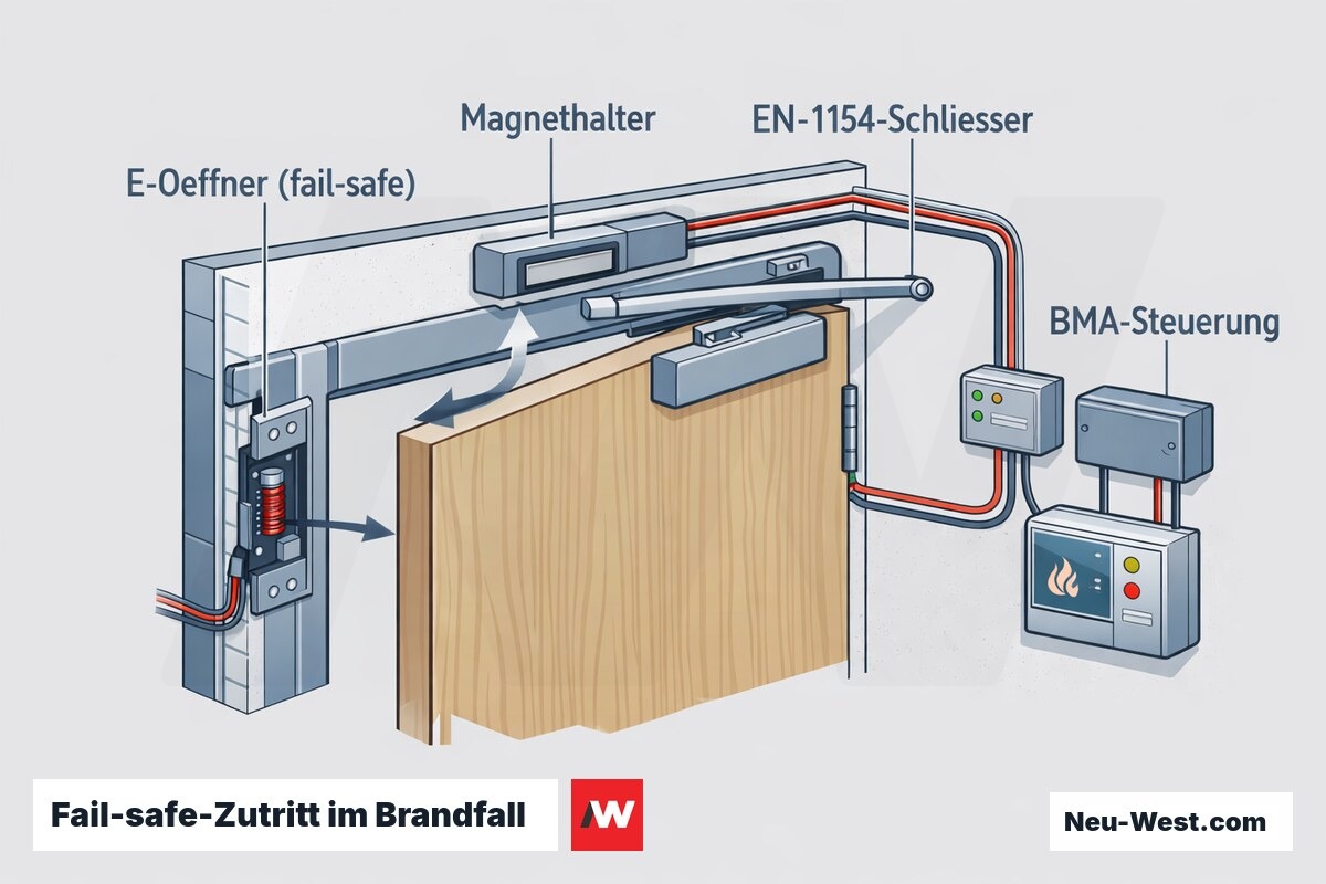 Querschnitt einer Brandschutztür mit fail-safe E-Öffner, Magnethalter, EN-1154-Türschließer und BMA-Steuerung, die im Stromausfall selbsttätig schließt.