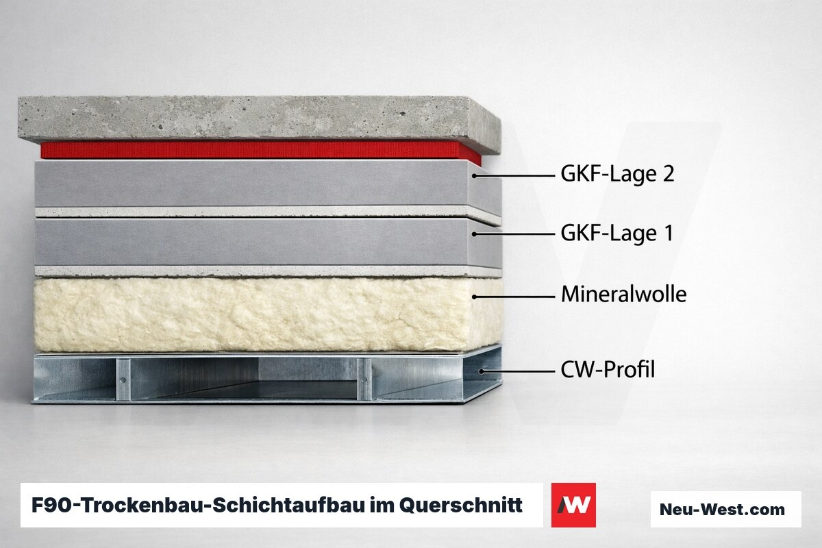 F90-Trockenbau-Schichtaufbau im Querschnitt – Erklär-Grafik (NEUWEST Berlin)