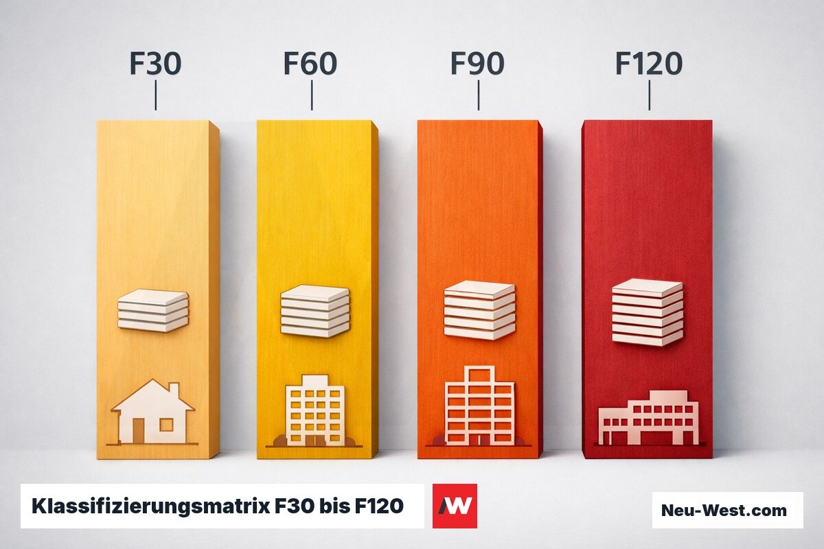 Klassifizierungsmatrix F30 bis F120 mit europäischen EI-Äquivalenten – Erklär-Grafik (NEUWEST Berlin)