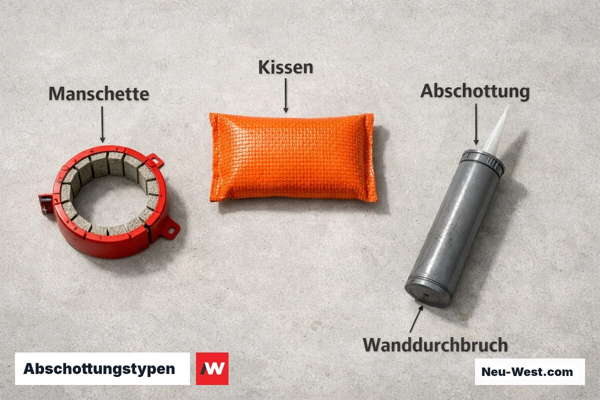 Abschottungstypen für Leitungsdurchführungen in Brandschutzwänden – Erklär-Grafik (NEUWEST Berlin)