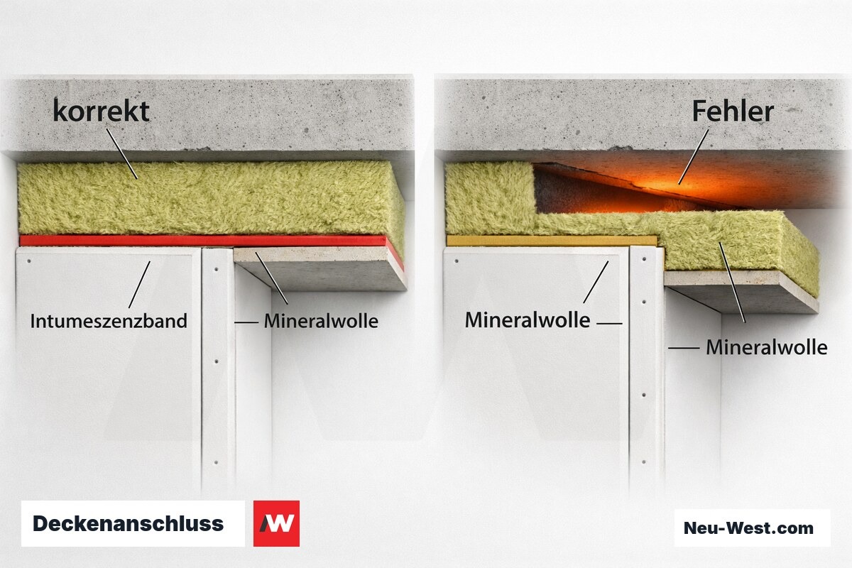 Deckenanschluss: Regelausführung vs. typischer Ausführungsfehler – Erklär-Grafik (NEUWEST Berlin)