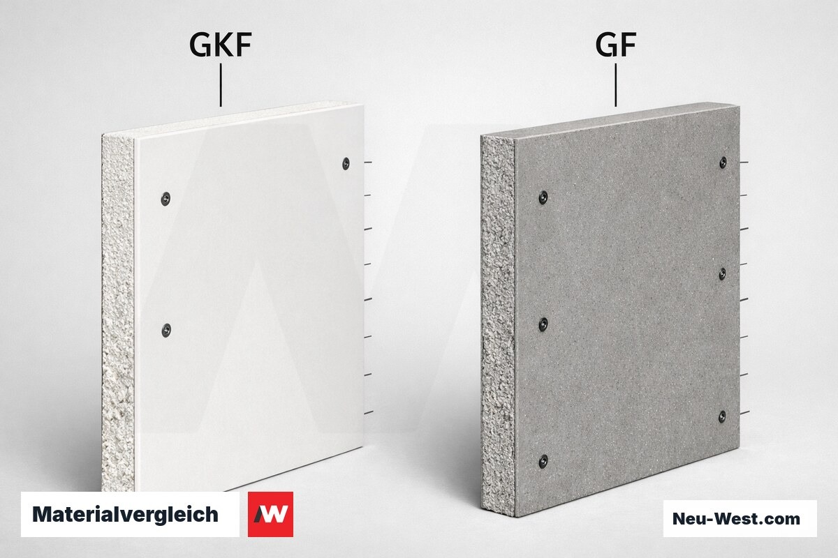 Materialvergleich: GKF-Platte vs. Gipsfaserplatte (GF) – Erklär-Grafik (NEUWEST Berlin)