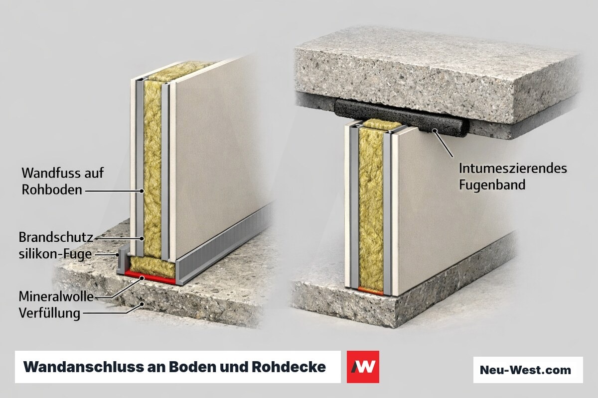 Querschnitt eines Brandschutz-Wandanschlusses: Wandfuß auf Rohboden mit Silikonfuge, Mineralwolle und intumeszierendem Fugenband an der Rohdecke.