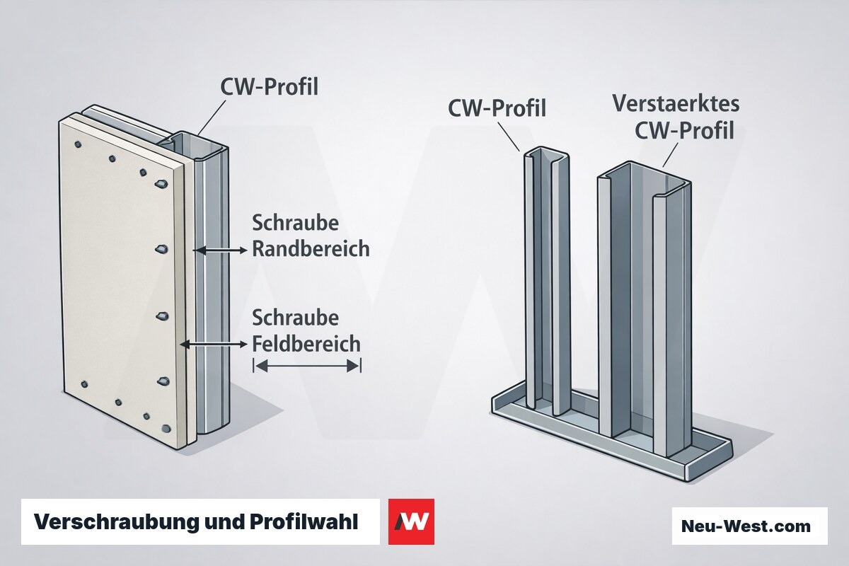 Erklär-Grafik: Schraubenabstände in Rand- und Feldbereich sowie Standard- gegenüber verstärktem CW-Profil bei hohen Brandschutzwänden.