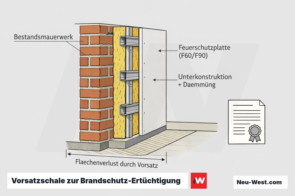 Querschnitt einer Bestandswand mit aufgesetzter Brandschutz-Vorsatzschale, Unterkonstruktion, Feuerschutzplatte und markiertem Flächenverlust samt Prüfzeugnis-Symbol.
