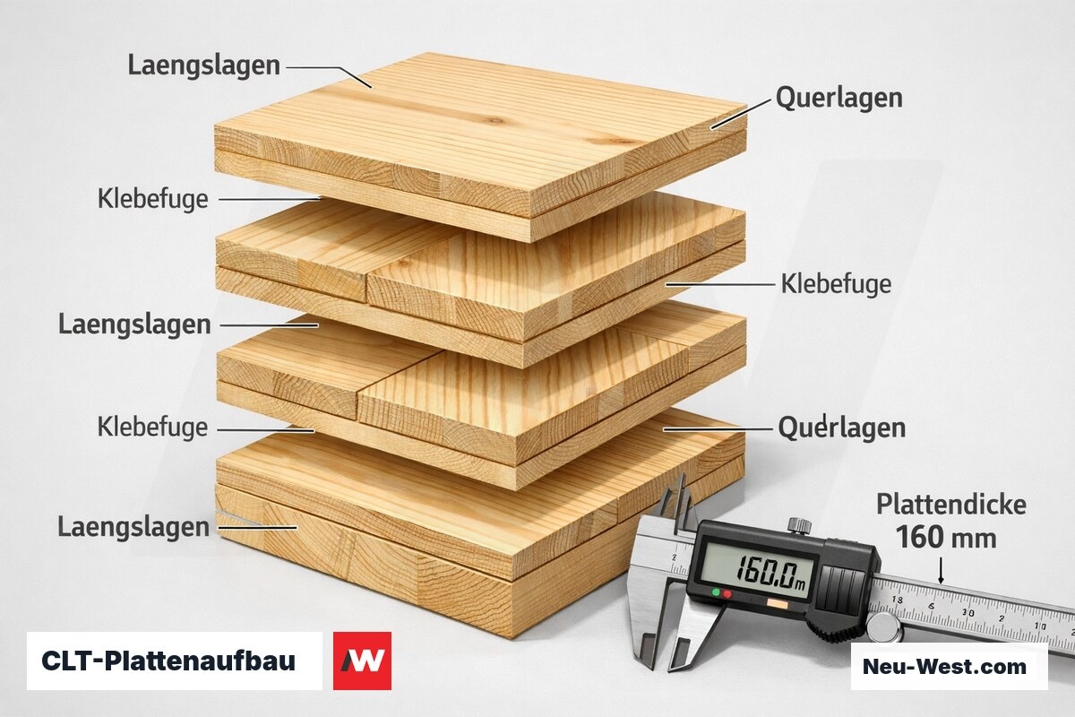 Explodierter Querschnitt eines 5-lagigen CLT-Elements mit alternierenden Längs- und Querlagen, Schichtdicken und Klebefugen beschriftet.