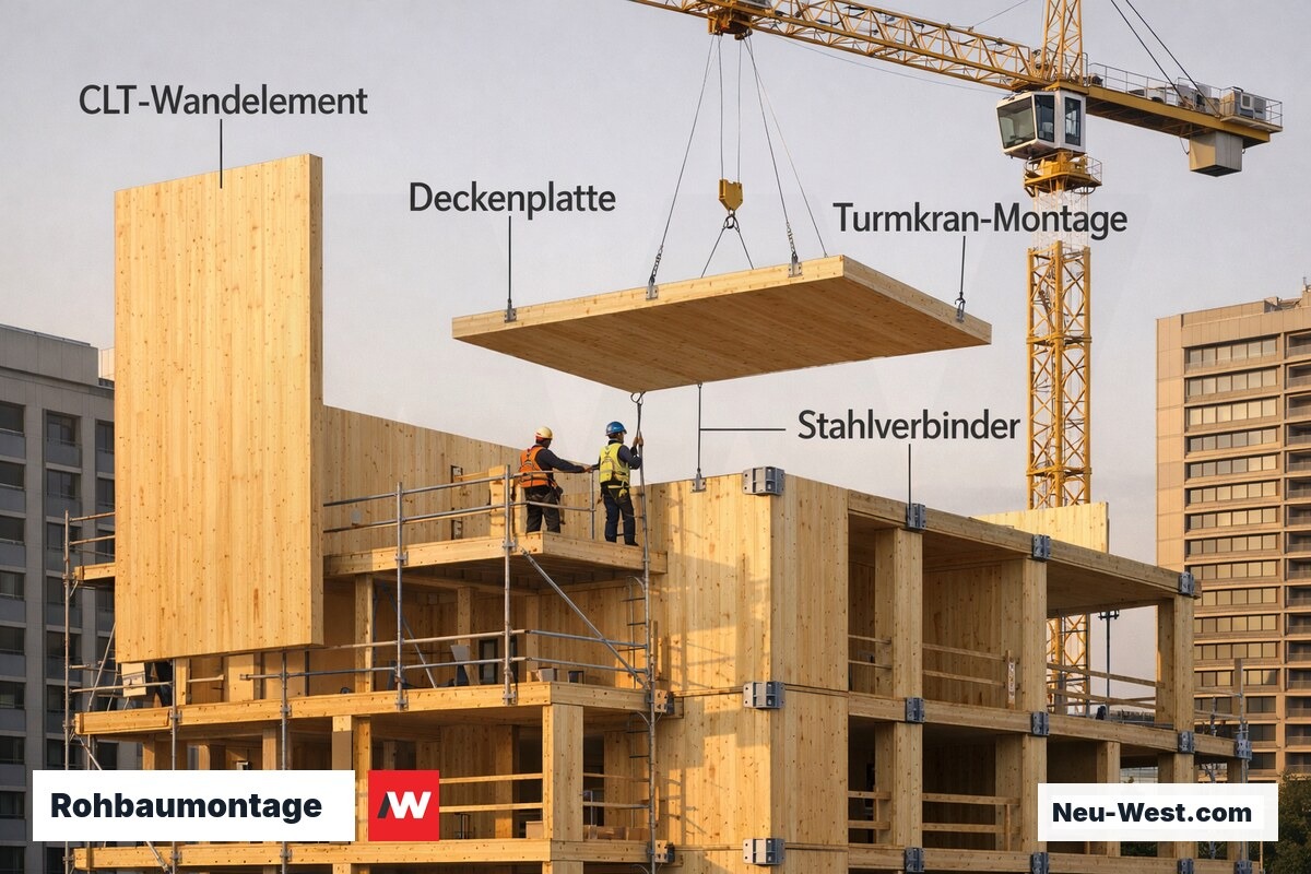 Baustelle eines 6-geschossigen Holzbaus: Turmkran hebt großformatige CLT-Wand- und Deckenelemente ein, Stahlverbinder sichtbar.