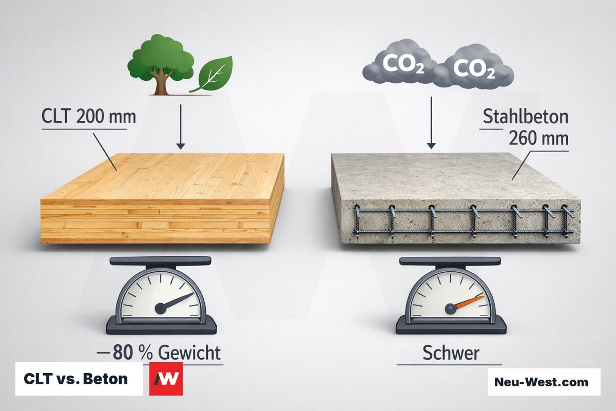 Maßstabsgetreuer Vergleich CLT-Decke gegen Stahlbetondecke: Materialstärke, Gewichtsdifferenz und CO₂-Fußabdruck gegenübergestellt.