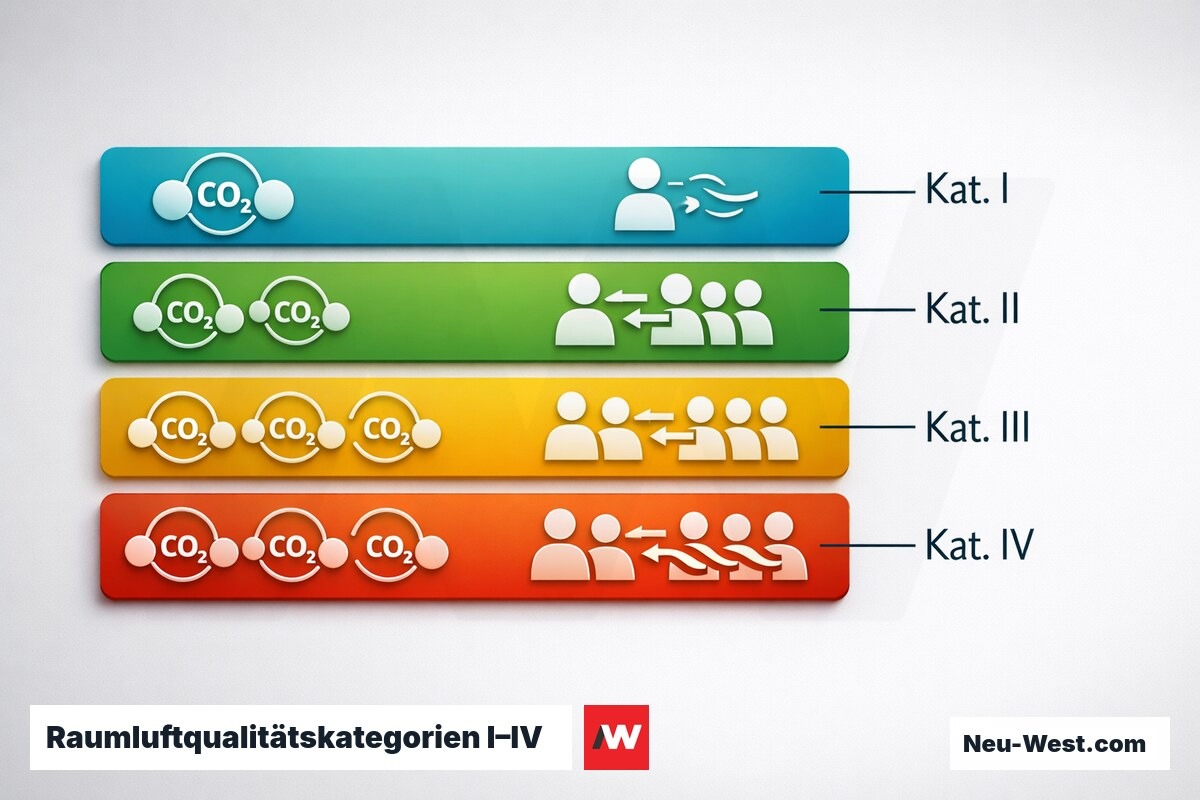 Raumluftqualitätskategorien I–IV nach DIN EN 16798-1 – Erklär-Grafik (NEUWEST Berlin)