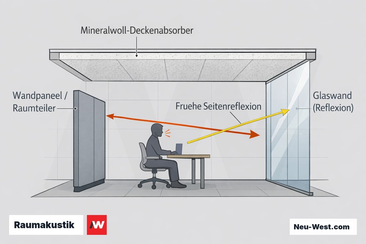 Bürquerschnitt: Deckenabsorber und Glaswand, direkter Schall und frühe Seitenreflexion zum Zuhörer, Wandpaneel und Raumteiler als Abhilfe.