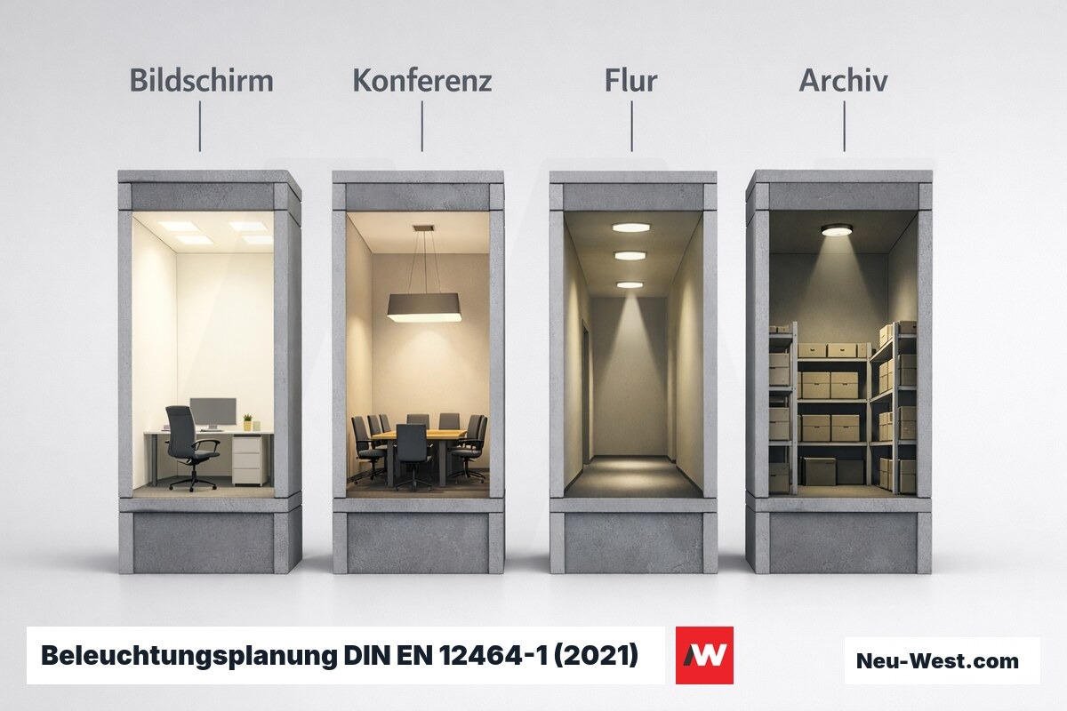 Beleuchtungsplanung DIN EN 12464-1 (2021): Em und UGR je Raumtyp – Erklär-Grafik (NEUWEST Berlin)
