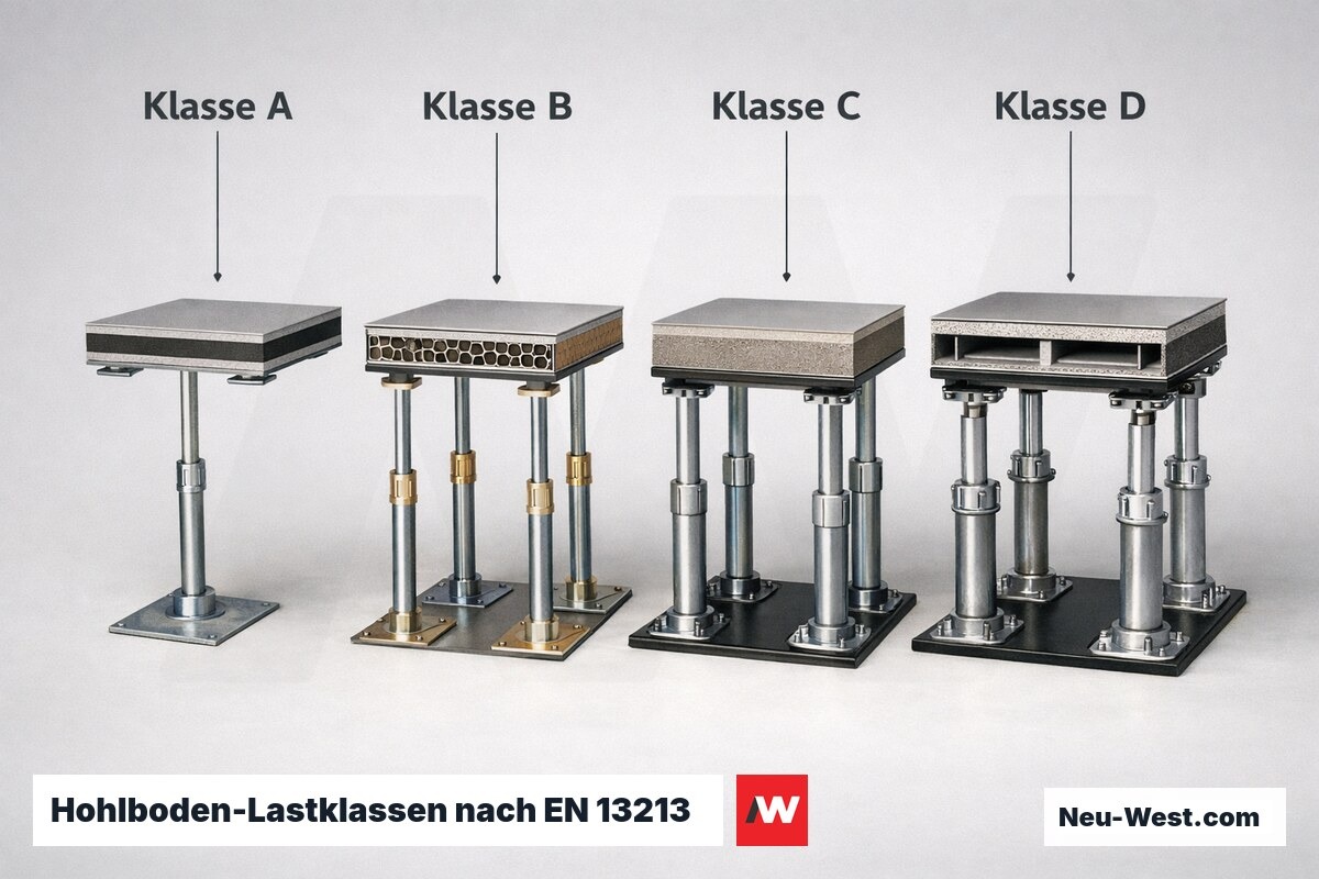 Hohlboden-Lastklassen nach EN 13213: Tragfähigkeit und Büroeignung – Erklär-Grafik (NEUWEST Berlin)