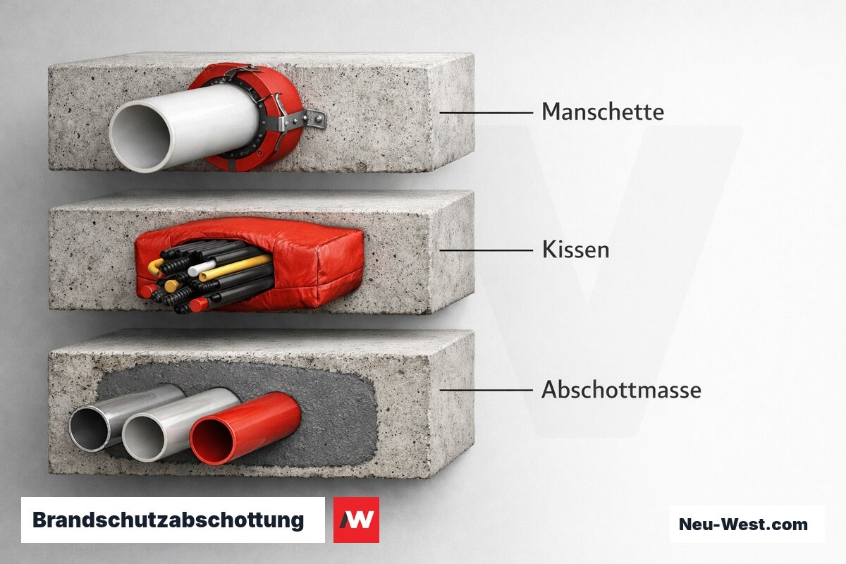 Brandschutzabschottung Leitungsdurchführungen: Systemvergleich nach DIN EN 1366-3 – Erklär-Grafik (NEUWEST Berlin)
