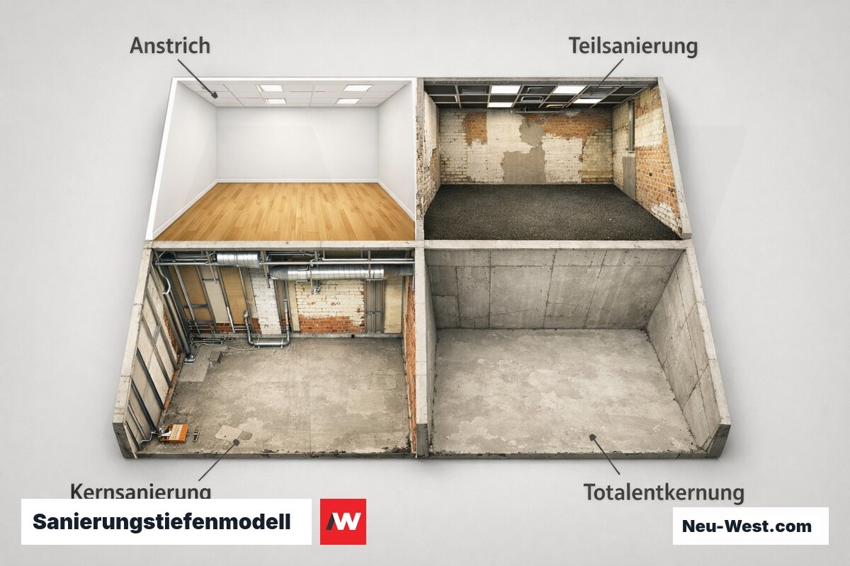 Sanierungstiefenmodell: 4 Stufen von Anstrich bis Totalentkernung – Erklär-Grafik (NEUWEST Berlin)