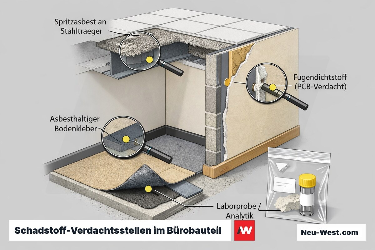 Bauteil-Querschnitt eines Büros: versteckte Schadstoffquellen in Decke, Fuge und Bodenkleber mit markierten Probenahmestellen für die Laboranalytik.
