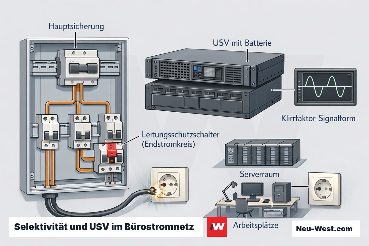 Cutaway-Schema einer Büro-Elektroverteilung mit Hauptsicherung, selektiven Leitungsschutzschaltern, USV-Anlage und verzerrter Sinus-Signalform.