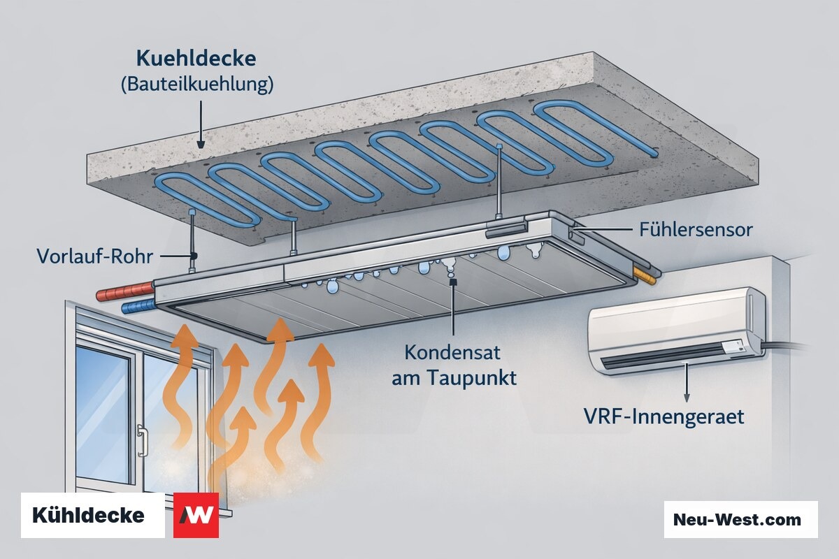 Querschnitt einer Bürokühldecke mit Bauteilkühlung, Vorlaufrohren, Kondensatbildung am Taupunkt bei offenem Fenster und dezentralem VRF-Innengerät.