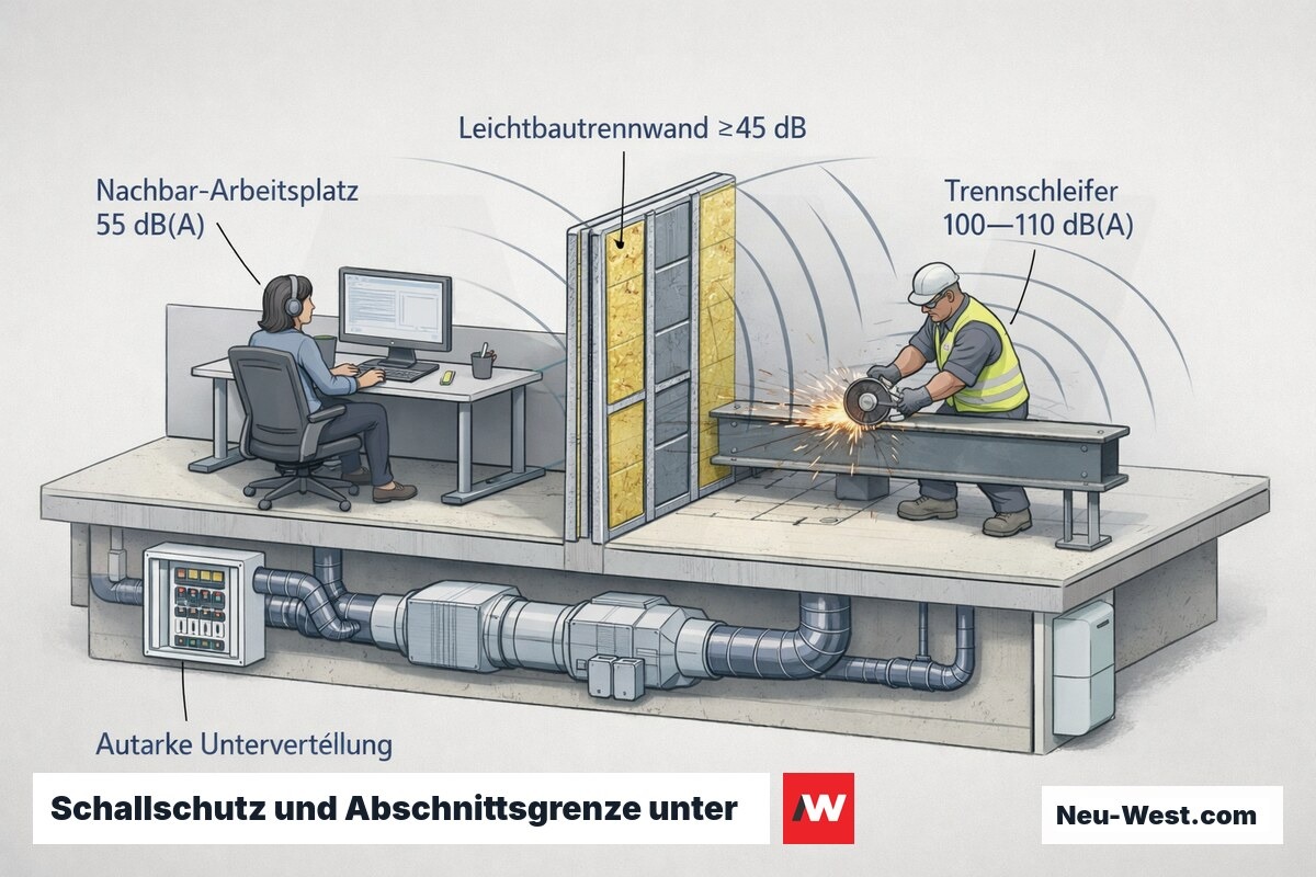 Querschnitt einer Büroetage: temporäre Trennwand zwischen Baubereich mit Trennschleifer und Nachbar-Arbeitsplatz, darunter autarke Haustechnik je Abschnitt.