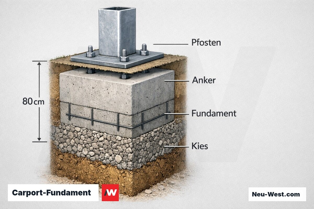 Carport-Fundament: Frostsicherer Schichtaufbau Berlin – Erklär-Grafik (NEUWEST Berlin)