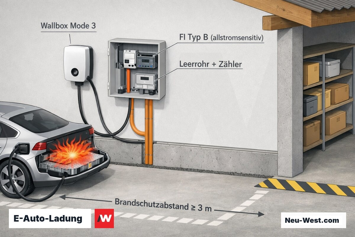 Querschnitt einer Carport-Ladeinstallation mit Wallbox, FI Typ B, Zähler, Leerrohr und Brandschutzabstand zur E-Auto-Batterie bei Thermal Runaway.