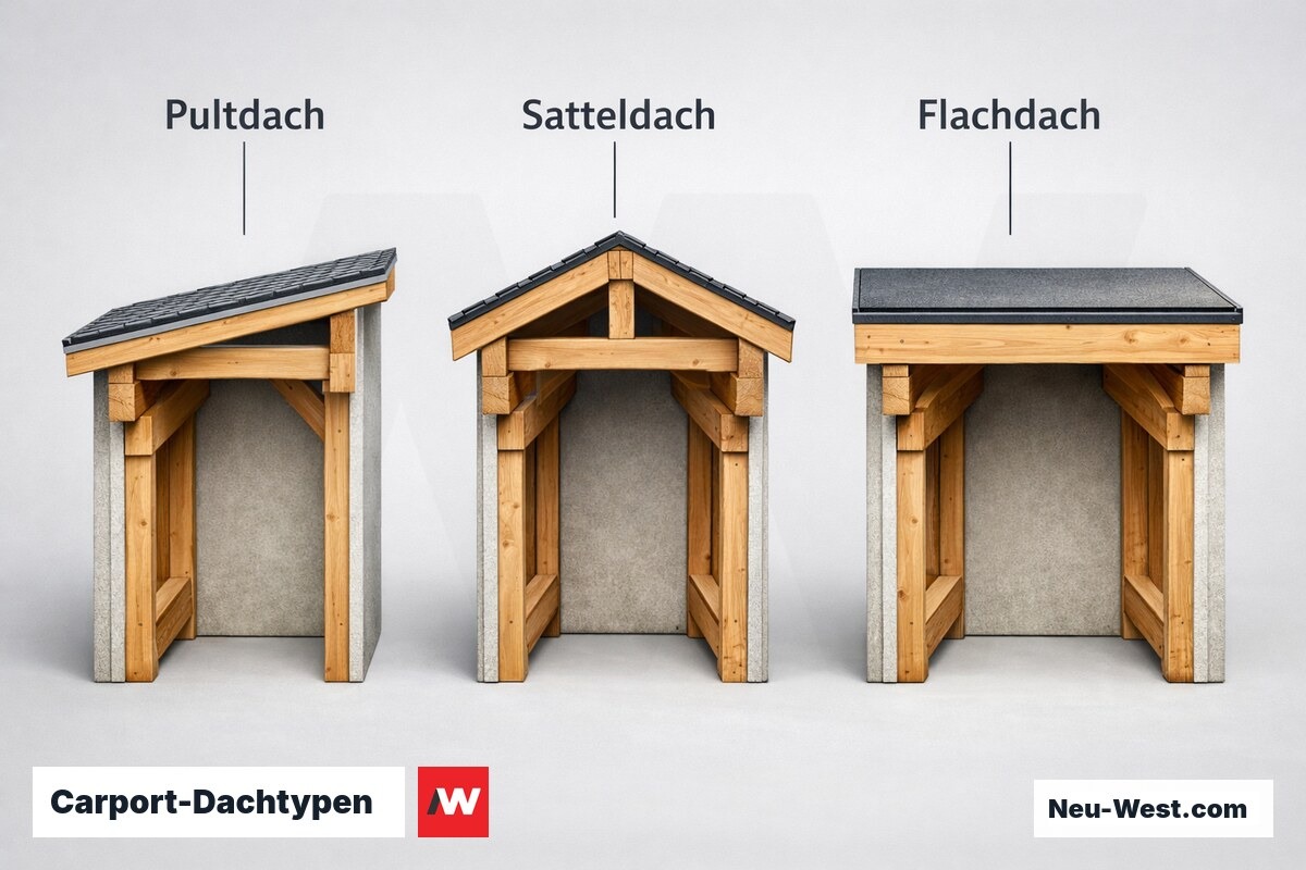 Carport-Dachtypen: Mindestgefälle nach Eindeckmaterial – Erklär-Grafik (NEUWEST Berlin)