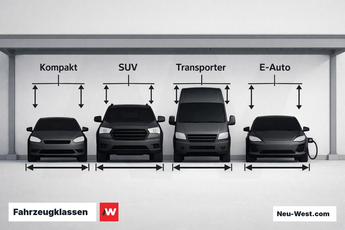 Fahrzeugklassen: Mindest-Stellplatzbreiten und Einfahrtshöhen Carport – Erklär-Grafik (NEUWEST Berlin)
