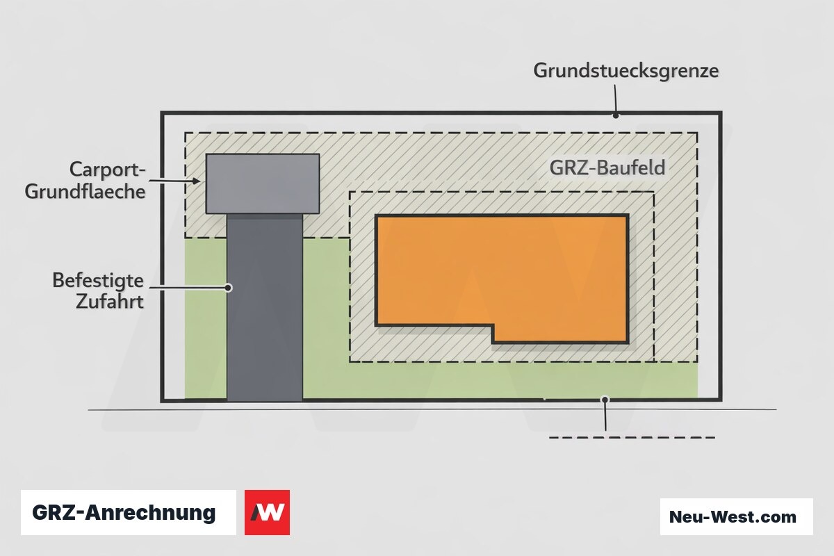 Lageplan eines Berliner Grundstücks: Carport-Grundfläche, befestigte Zufahrt und GRZ-Baufeld farblich getrennt zur Grundflächen-Anrechnung.