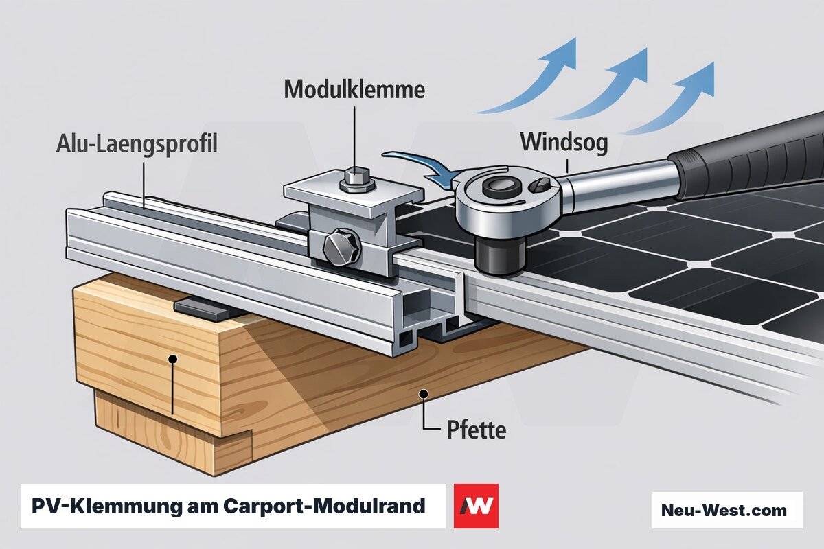 Cutaway-Detail einer Carport-PV-Anlage: Alu-Längsprofil auf Pfette, Modulklemme mit Drehmomentschlüssel und Windsog am Modulrand.