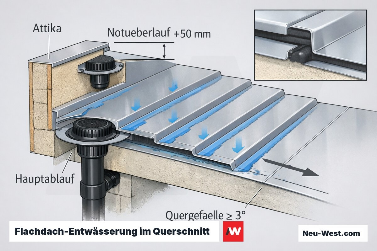 Querschnitt eines Carport-Flachdachs mit Attika, Hauptablauf, 50 mm höherem Notüberlauf, Quergefälle und Querfalz mit Butyl-Dichtband.