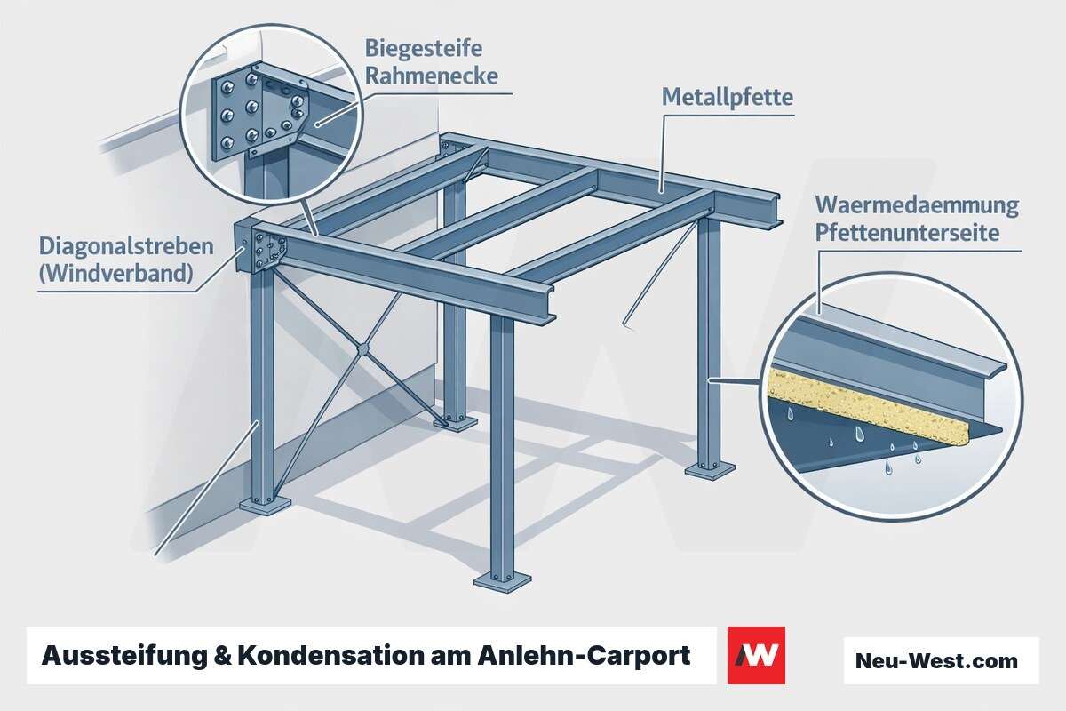 Technische Schnittzeichnung eines Anlehn-Carports mit Windverband-Diagonalen, biegesteifer Rahmenecke und gedämmter Metallpfette gegen Kondensation.